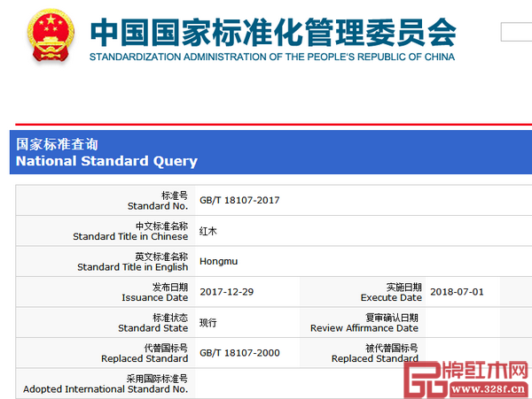 GB/T 18107-2017《红木》将代替原《红木》国家标准（标准号为GB/T 18107-2000），新标准将于2018年7月1日开始执行实施